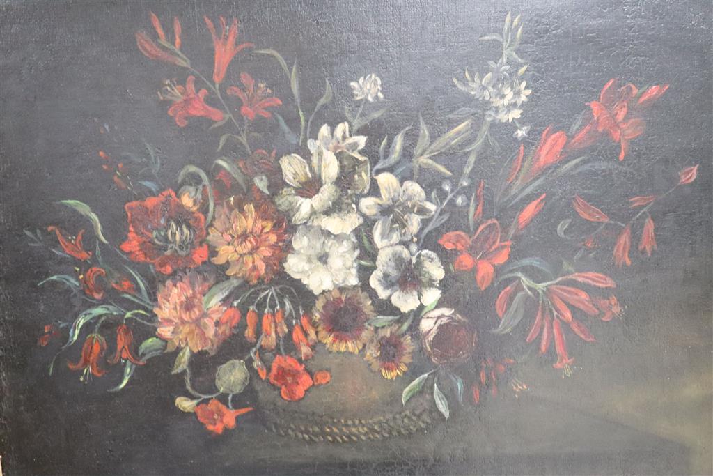 19th century English School, oil on canvas, Still life of flowers in a basket on a ledge, 55 x 75cm and a colour print of shipping in h